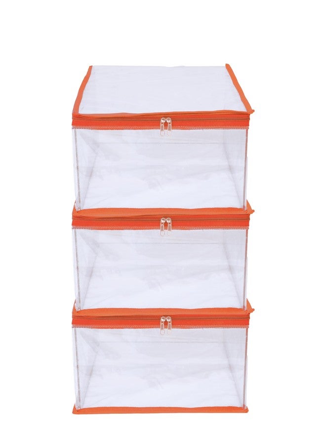 ABBASI Saree Cover Storage Bag Big for Clothes with Zip Organizer for Wardrobe, transparent Large Design Boxes (Pack of 3, Orange) - Image 1